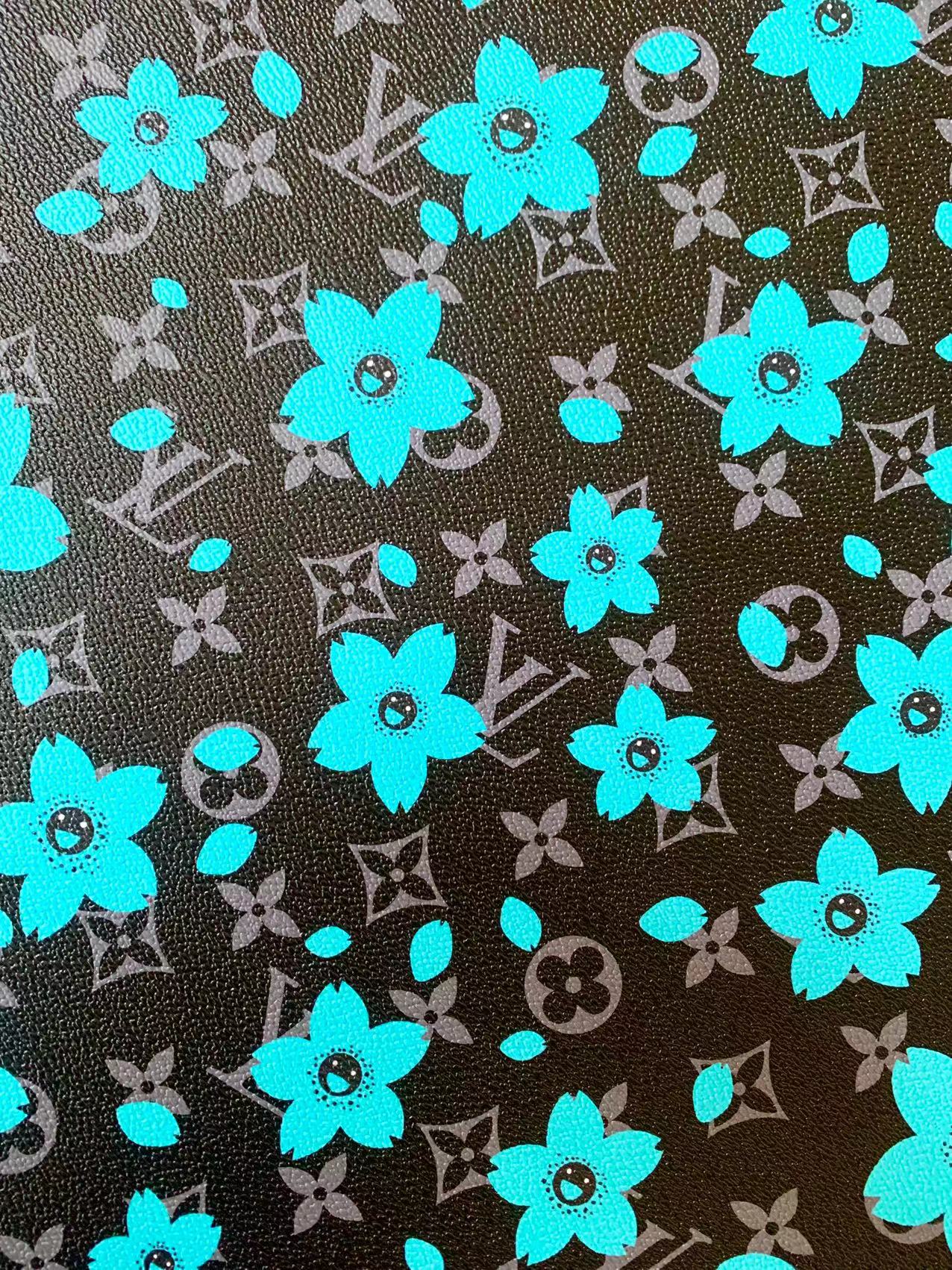 Craft Peach Flower Design LV Leather Fabric For Handicraft Goods By Yard (Black)