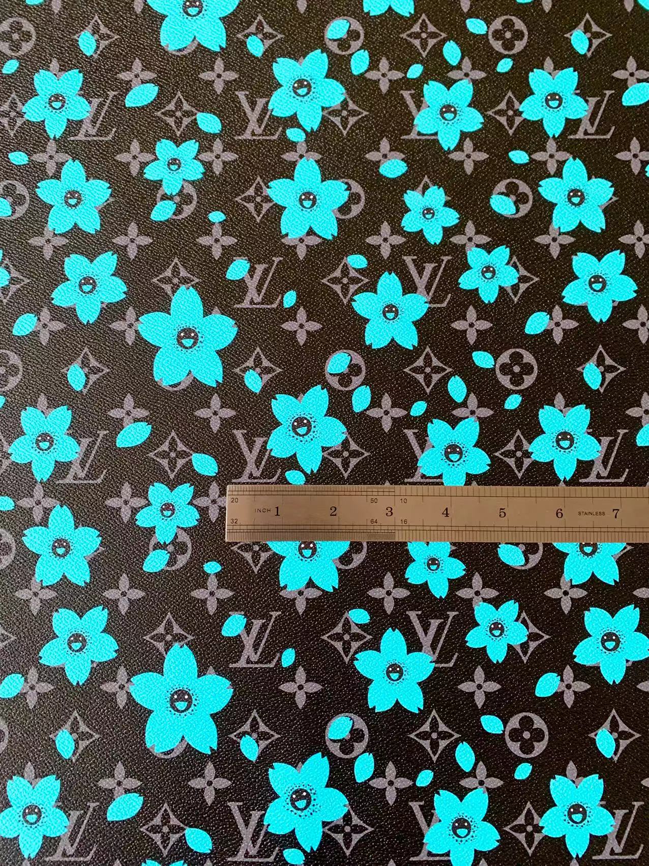 Craft Peach Flower Design LV Leather Fabric For Handicraft Goods By Yard (Black)