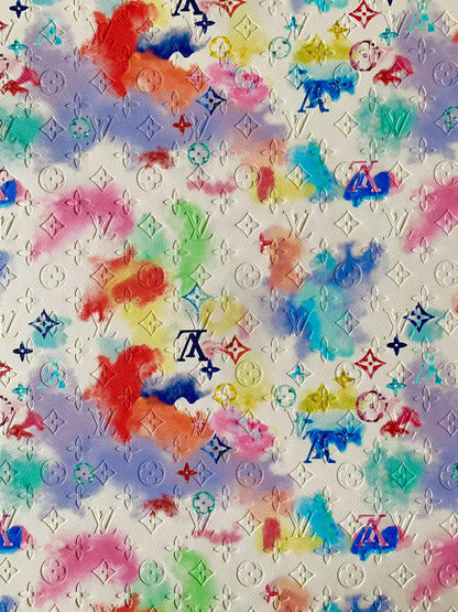 Craft Reversal LV LOGO Embossed Leather Fabric With Colorful Ink Pigment Deisgn For Handicraft By Yard