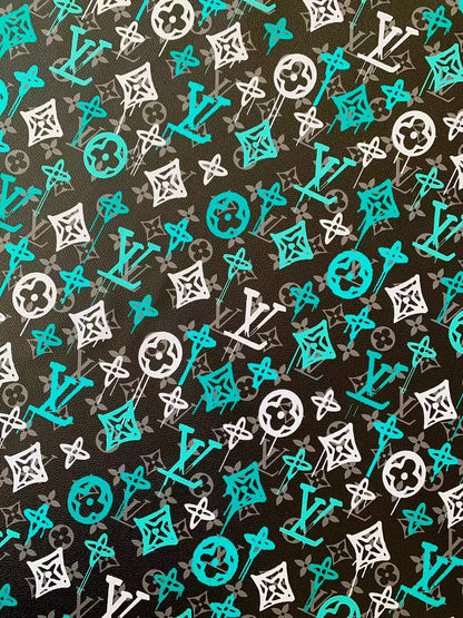 Craft Green With White Graffiti Design LV Leather Fabric For Handicraft Sneaker Upholstery By Yard