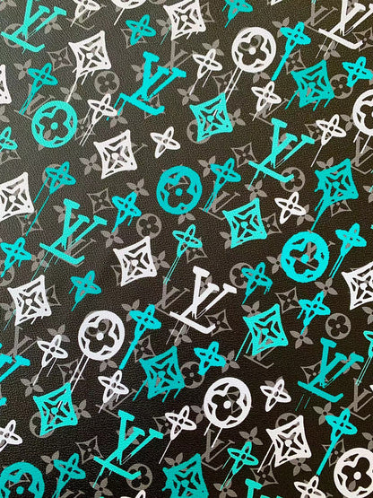 Craft Green With White Graffiti Design LV Leather Fabric For Handicraft Sneaker Upholstery By Yard
