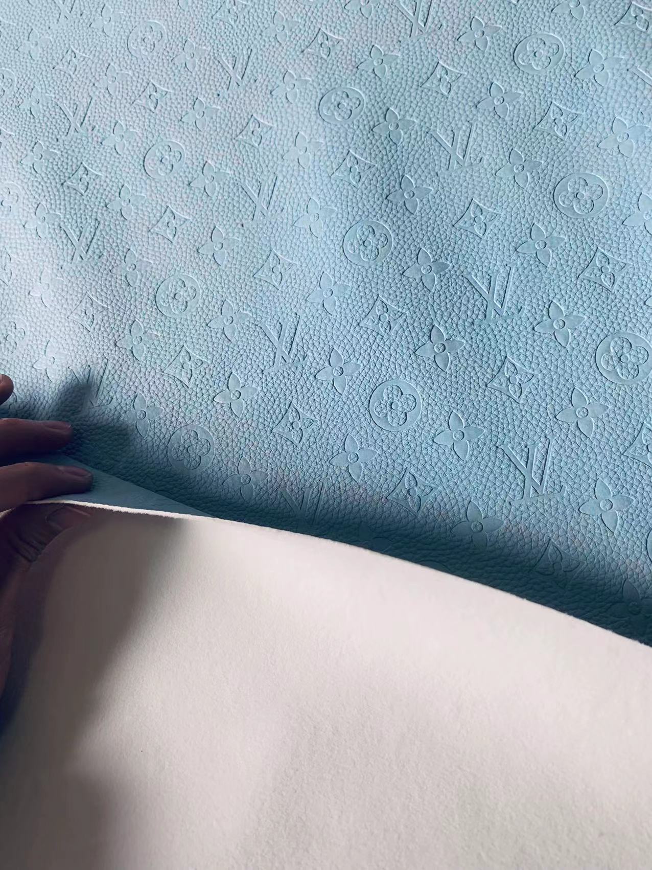 Fashion Embossed LV Crafting Leather Fabric For Handmade Bags and Shoe ,DIY Handicrafts  By Yards (Sky Blue)