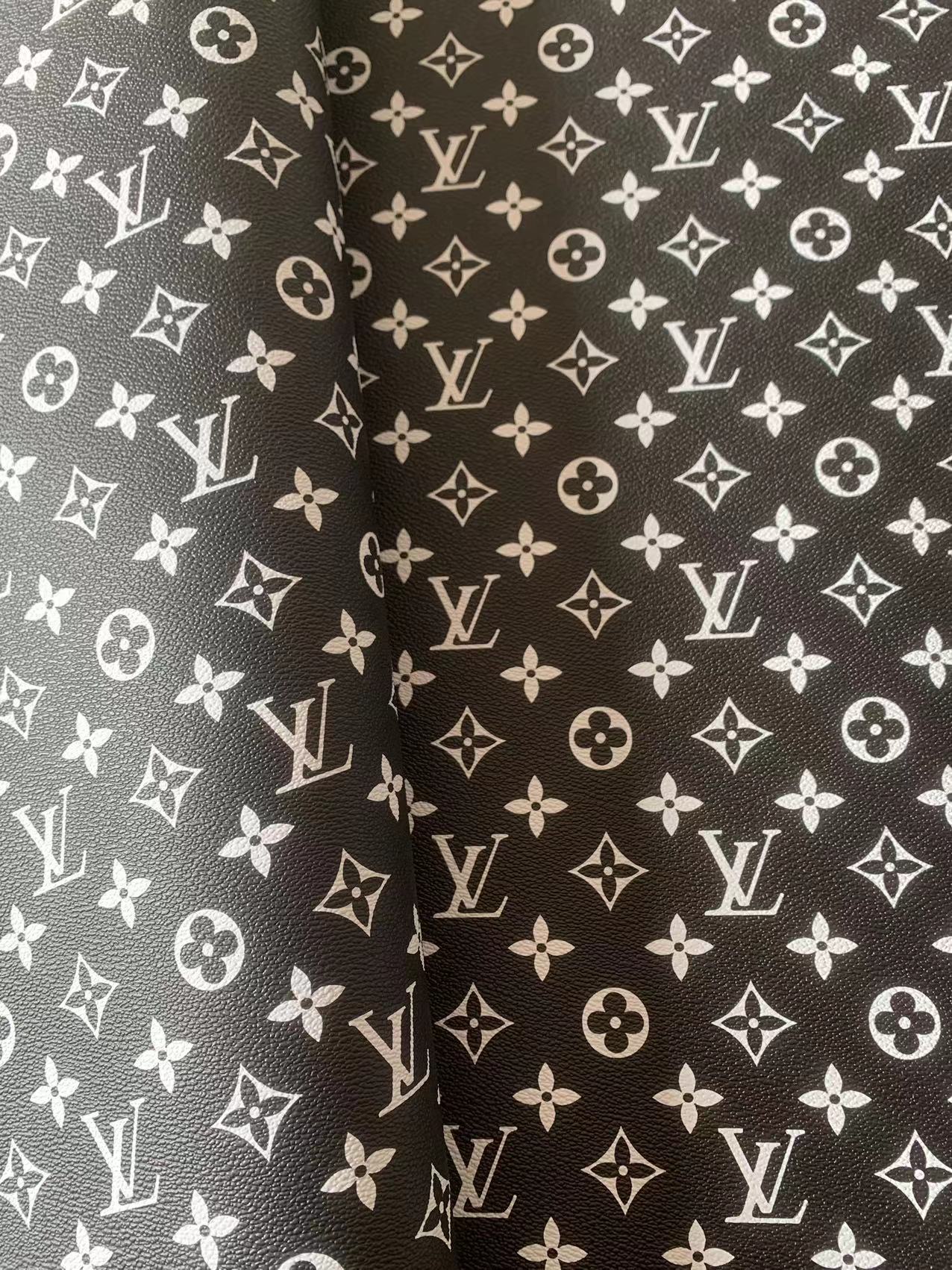 Fashion Black With White LV Vinyl Leather Fabric Material For Handmade Hancirafts Goods By Yards