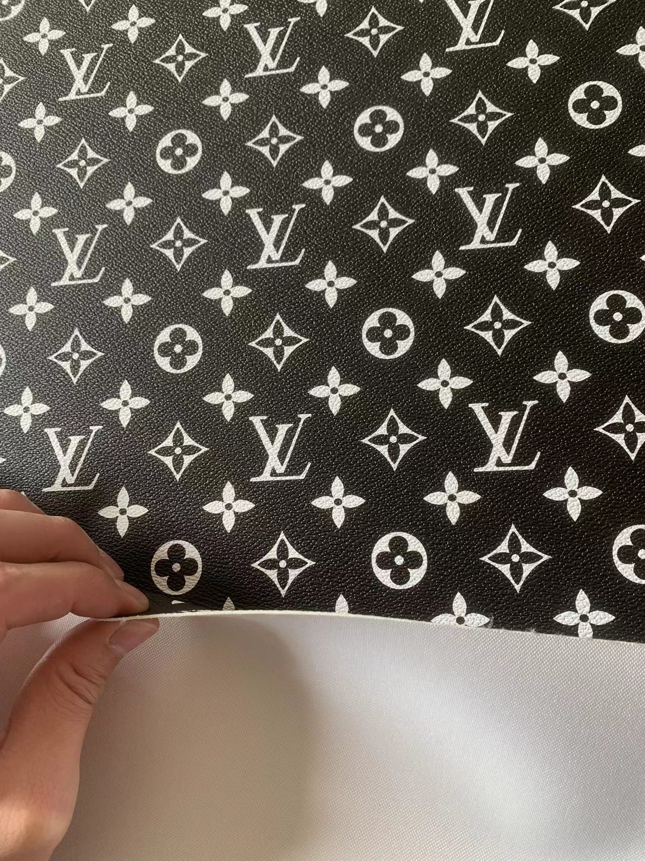 Fashion Black With White LV Vinyl Leather Fabric Material For Handmade Hancirafts Goods By Yards