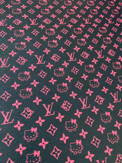 Fashion Black With Pink LV Hello Kitty Vinyl Leather For Bag ,Shoes ,Handicraft Upholstery By Yards