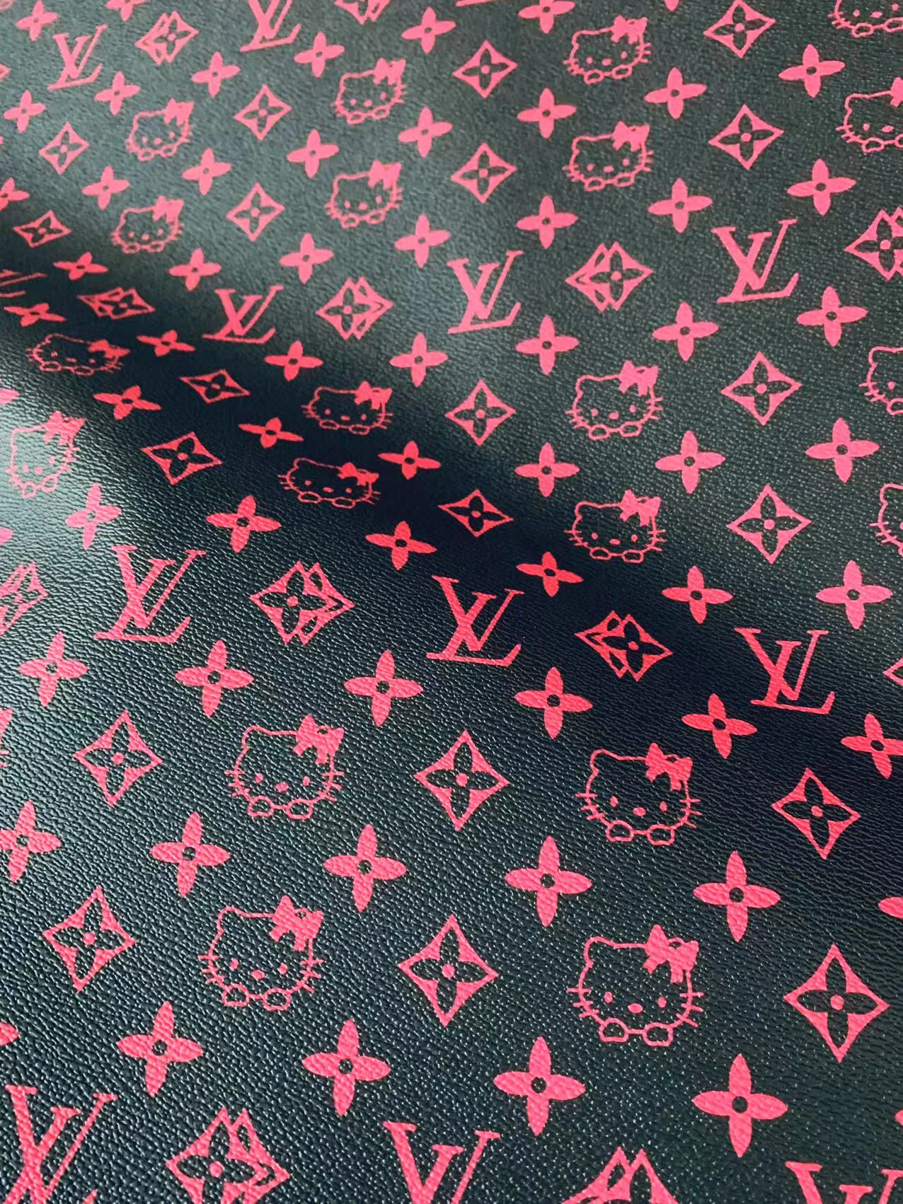 Fashion Black With Pink LV Hello Kitty Vinyl Leather For Bag ,Shoes ,Handicraft Upholstery By Yards