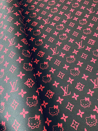 Fashion Black With Pink LV Hello Kitty Vinyl Leather For Bag ,Shoes ,Handicraft Upholstery By Yards