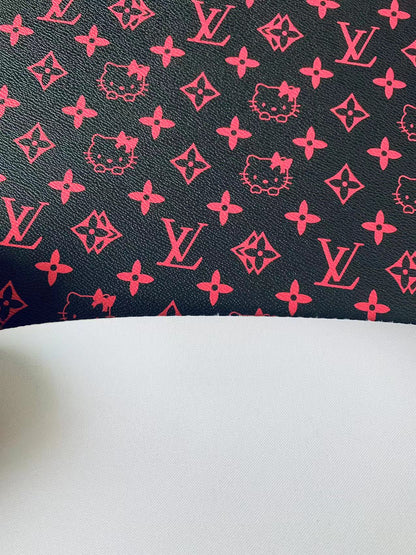 Fashion Black With Pink LV Hello Kitty Vinyl Leather For Bag ,Shoes ,Handicraft Upholstery By Yards