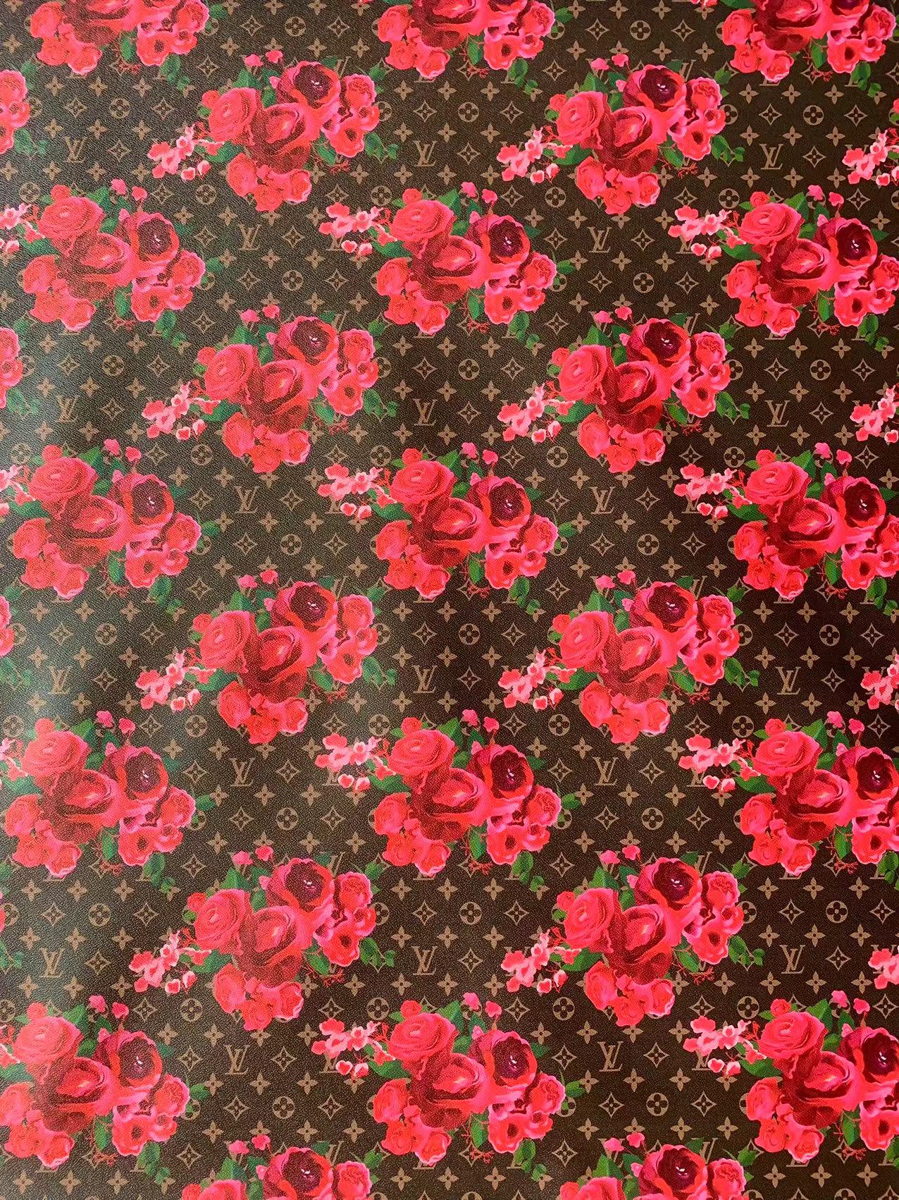 Brown Background LV With Red Rose Design Leather Fabric For Handmade Bags,Sneaker,Furniture Goods