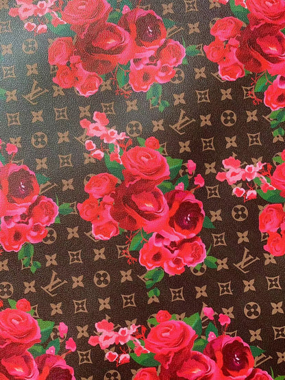 Brown Background LV With Red Rose Design Leather Fabric For Handmade Bags,Sneaker,Furniture Goods