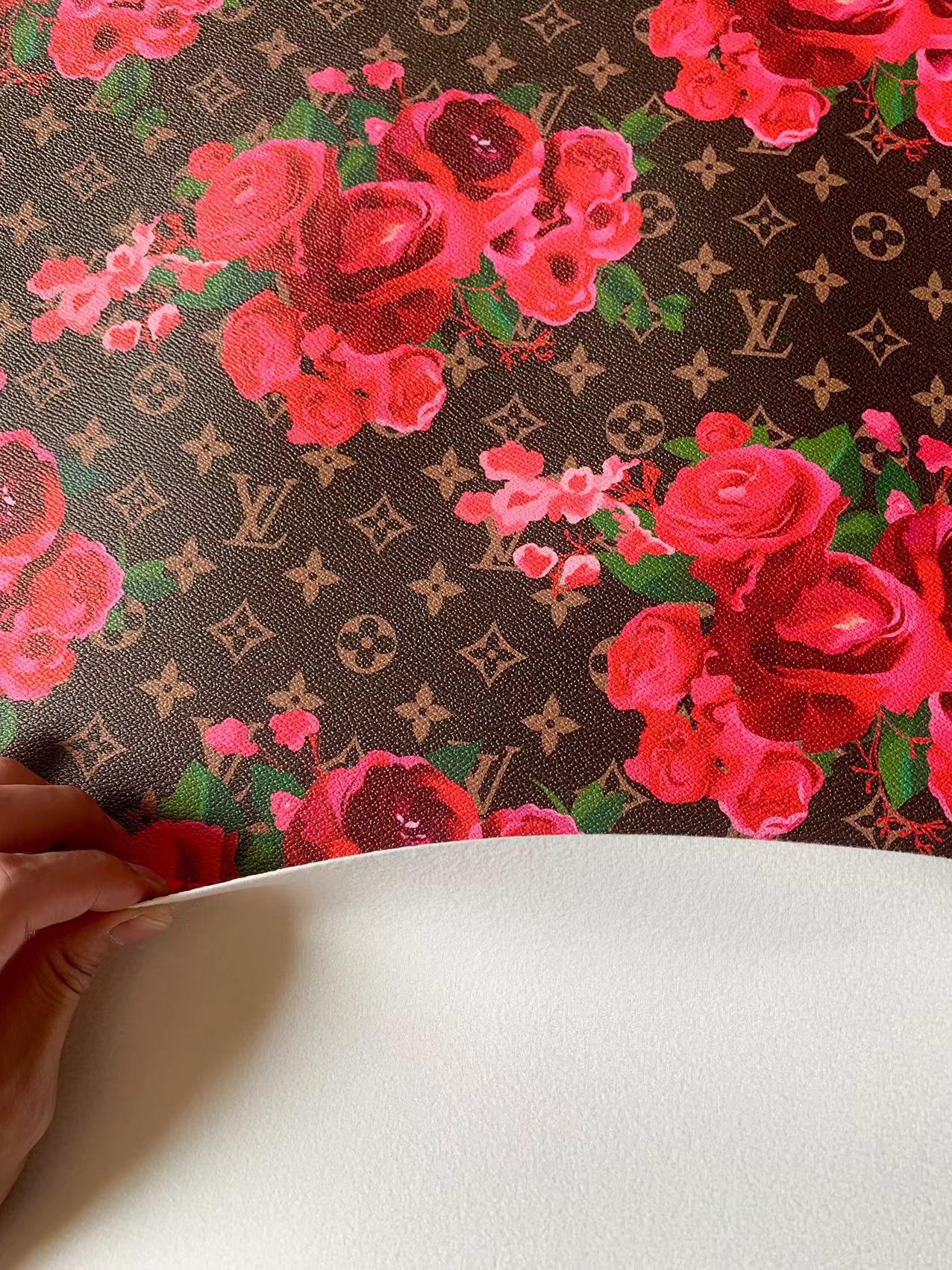 Brown Background LV With Red Rose Design Leather Fabric For Handmade Bags,Sneaker,Furniture Goods