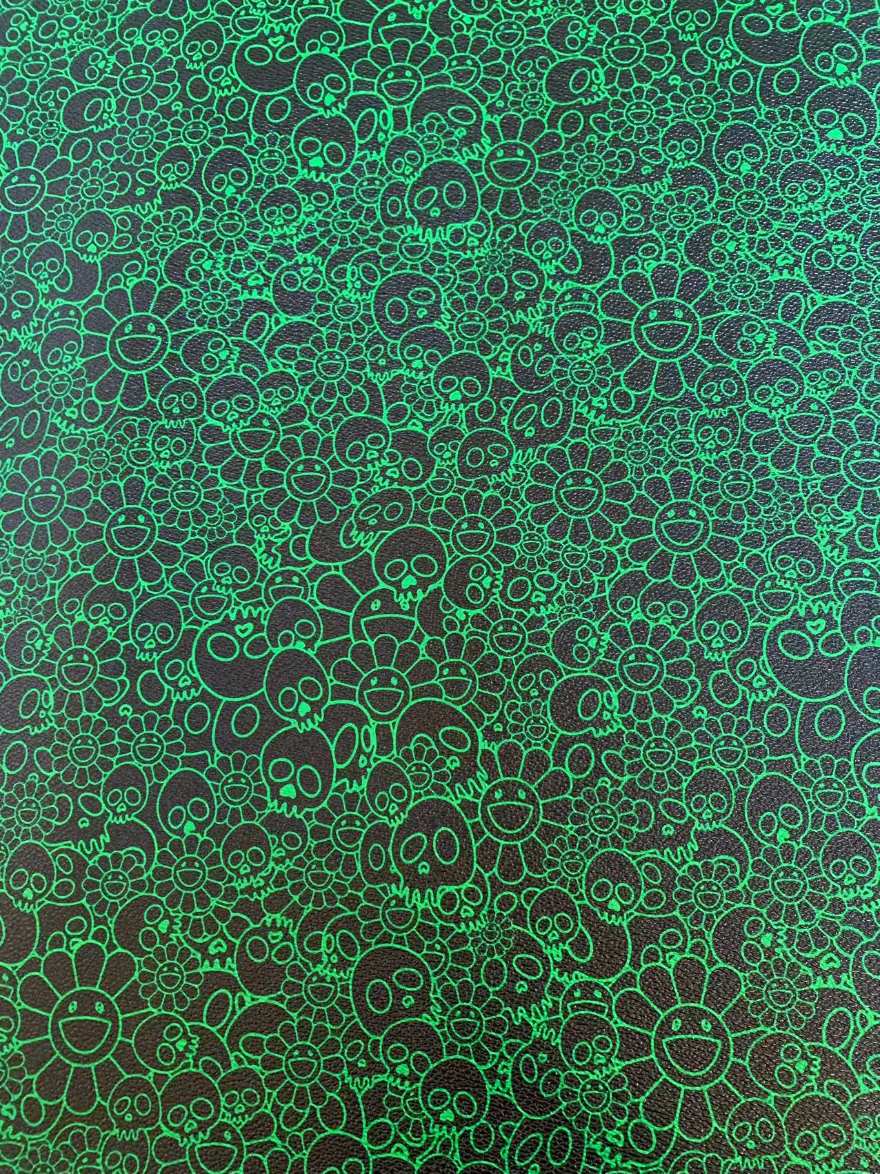 New Green With Black Takashi Murakami Leather Fabric For Handmade Sneaker,Upholstery Goods