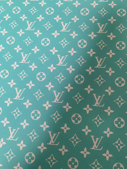 Fashion Turquoise With White LV Vinyl Leather Fabric For Handmade Sneaker,Furniture ,Upholstery Goods By Yard