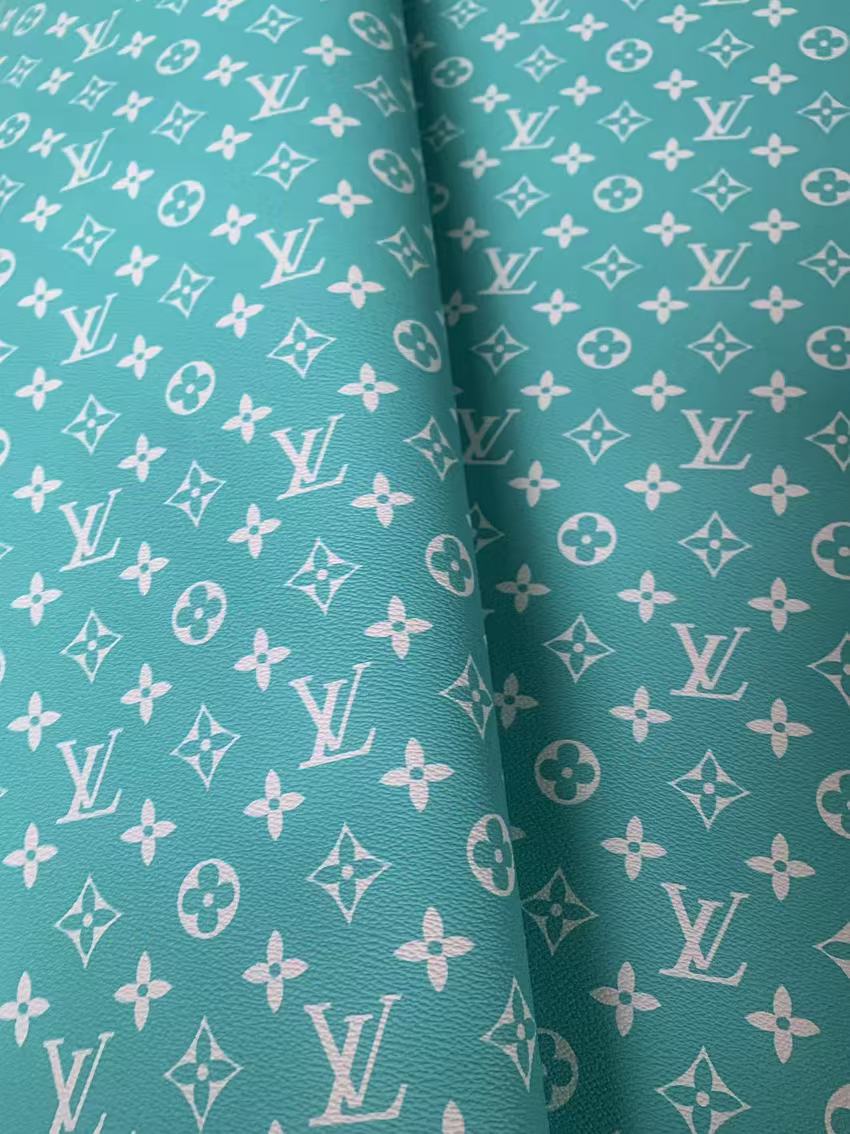 Fashion Turquoise With White LV Vinyl Leather Fabric For Handmade Sneaker,Furniture ,Upholstery Goods By Yard