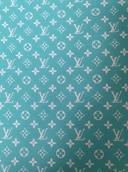 Fashion Turquoise With White LV Vinyl Leather Fabric For Handmade Sneaker,Furniture ,Upholstery Goods By Yard