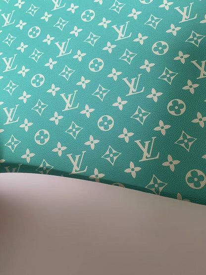 Fashion Turquoise With White LV Vinyl Leather Fabric For Handmade Sneaker,Furniture ,Upholstery Goods By Yard