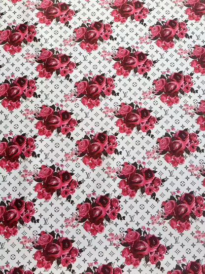 Fashion LV With Red Rose Design Leather Fabric For Handmade Bags , Handmade Shoes By Yards