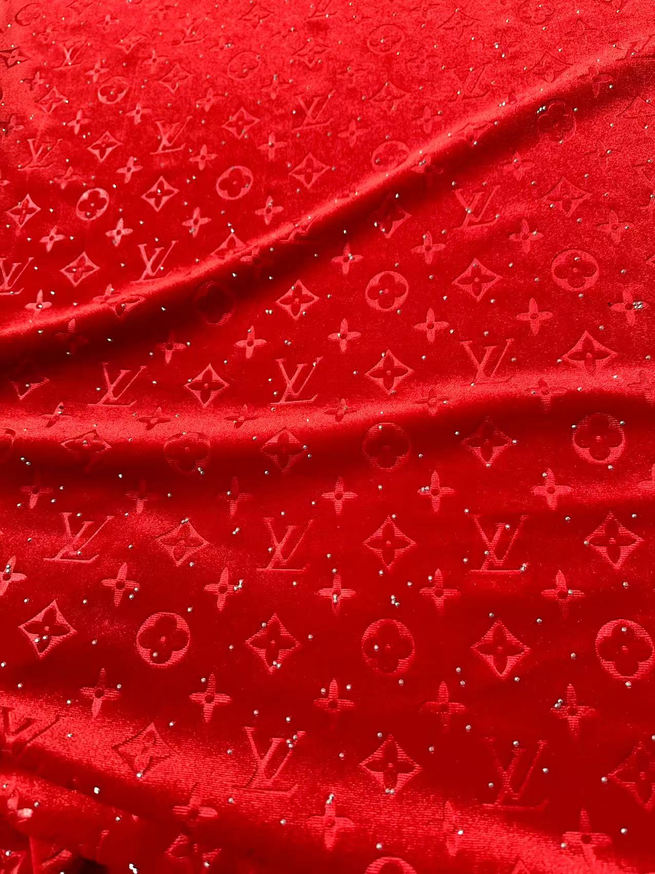 Fashion Luxury LV With Diamond Knitting Velvet Fabric For Handmade Sneaker, Upholstery ,Apparel By Yard(Red)