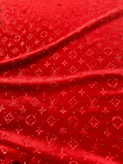 Fashion Luxury LV With Diamond Knitting Velvet Fabric For Handmade Sneaker, Upholstery ,Apparel By Yard(Red)