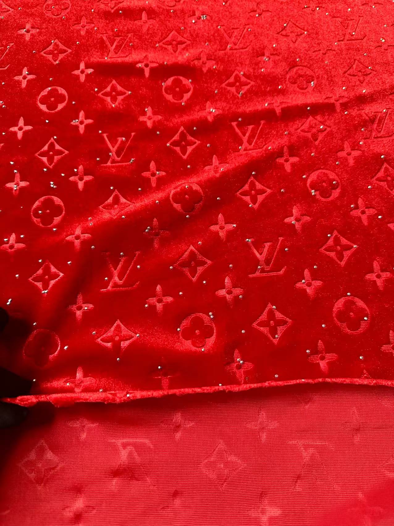 Fashion Luxury LV With Diamond Knitting Velvet Fabric For Handmade Sneaker, Upholstery ,Apparel By Yard(Red)