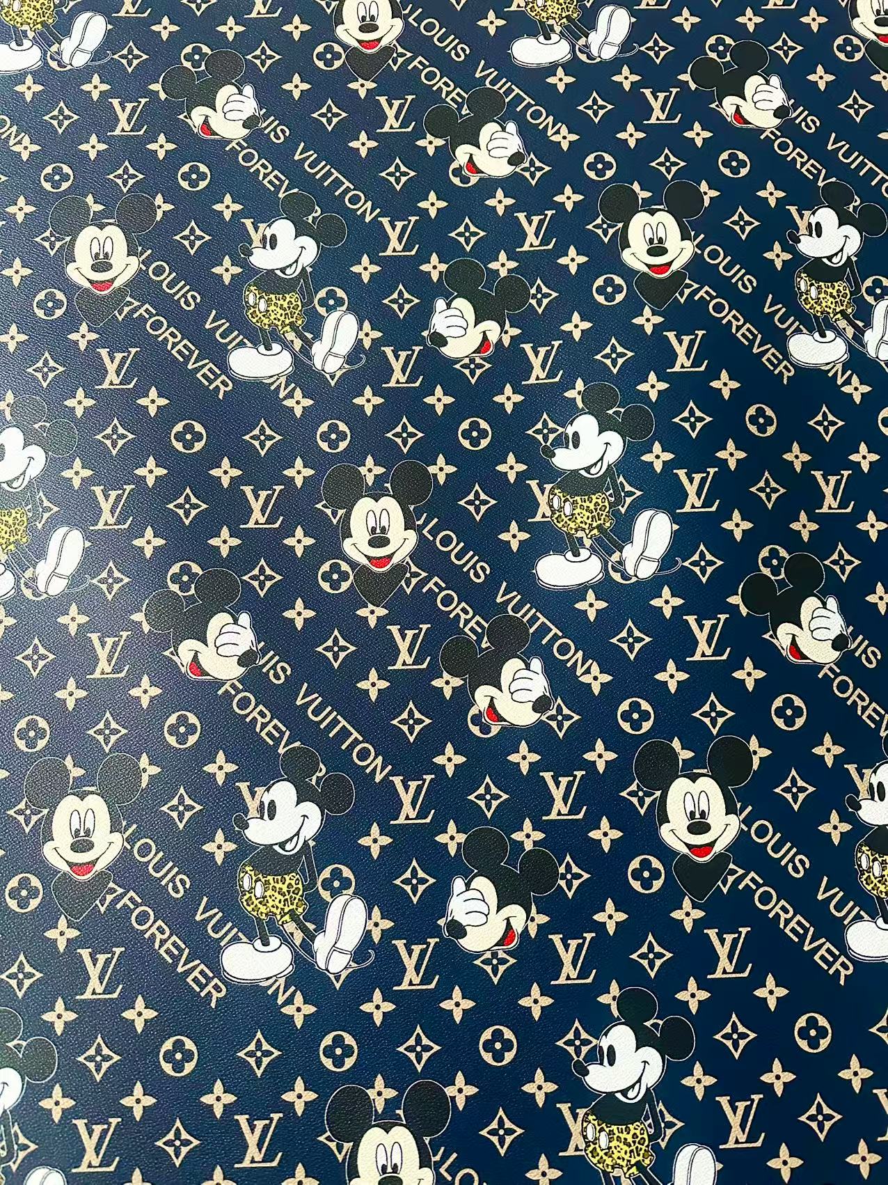 Craft Best Quality Navy Blue LV With Mickey Mouse Vinyl Leather Fabric For Handmade Sneaker,Upholstery Goods By Yard