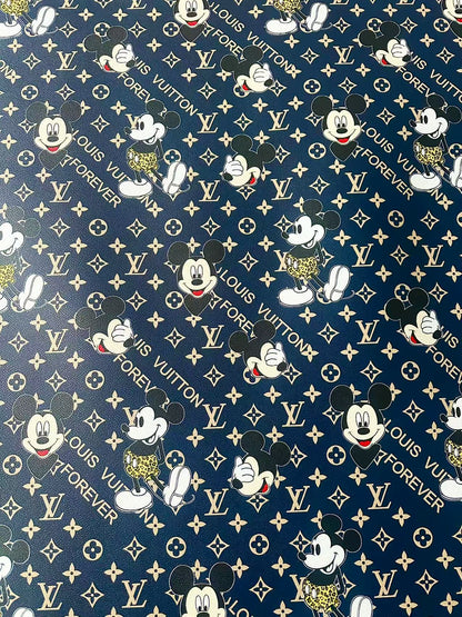 Craft Best Quality Navy Blue LV With Mickey Mouse Vinyl Leather Fabric For Handmade Sneaker,Upholstery Goods By Yard