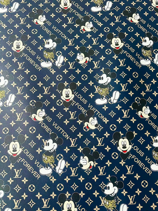 Craft Best Quality Navy Blue LV With Mickey Mouse Vinyl Leather Fabric For Handmade Sneaker,Upholstery Goods By Yard