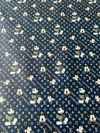 Craft Best Quality Navy Blue LV With Mickey Mouse Vinyl Leather Fabric For Handmade Sneaker,Upholstery Goods By Yard