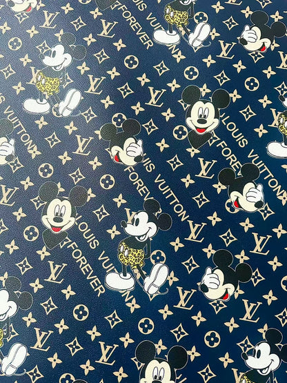 Craft Best Quality Navy Blue LV With Mickey Mouse Vinyl Leather Fabric For Handmade Sneaker,Upholstery Goods By Yard
