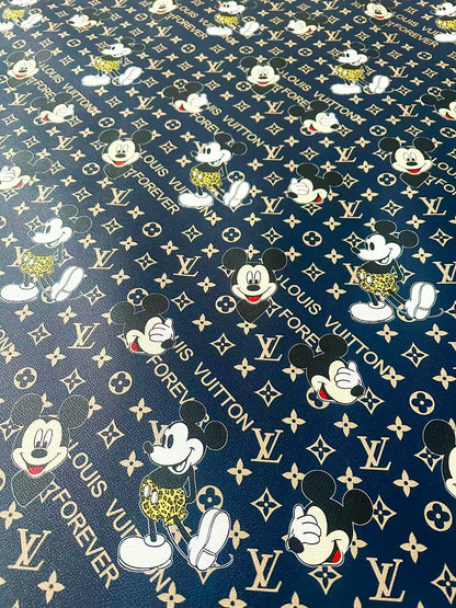 Craft Best Quality Navy Blue LV With Mickey Mouse Vinyl Leather Fabric For Handmade Sneaker,Upholstery Goods By Yard
