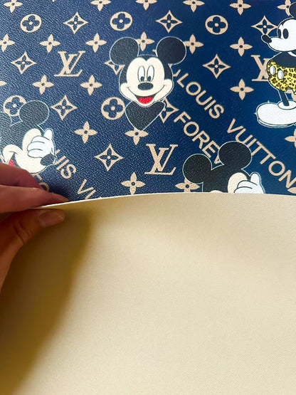 Craft Best Quality Navy Blue LV With Mickey Mouse Vinyl Leather Fabric For Handmade Sneaker,Upholstery Goods By Yard