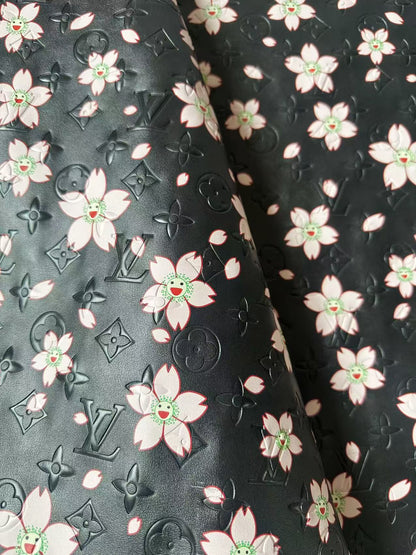 Fashion Black LV With Cherry Blossoms Embossed Leather For Handmade Sneaker,Bag ,Upholstery By Yard