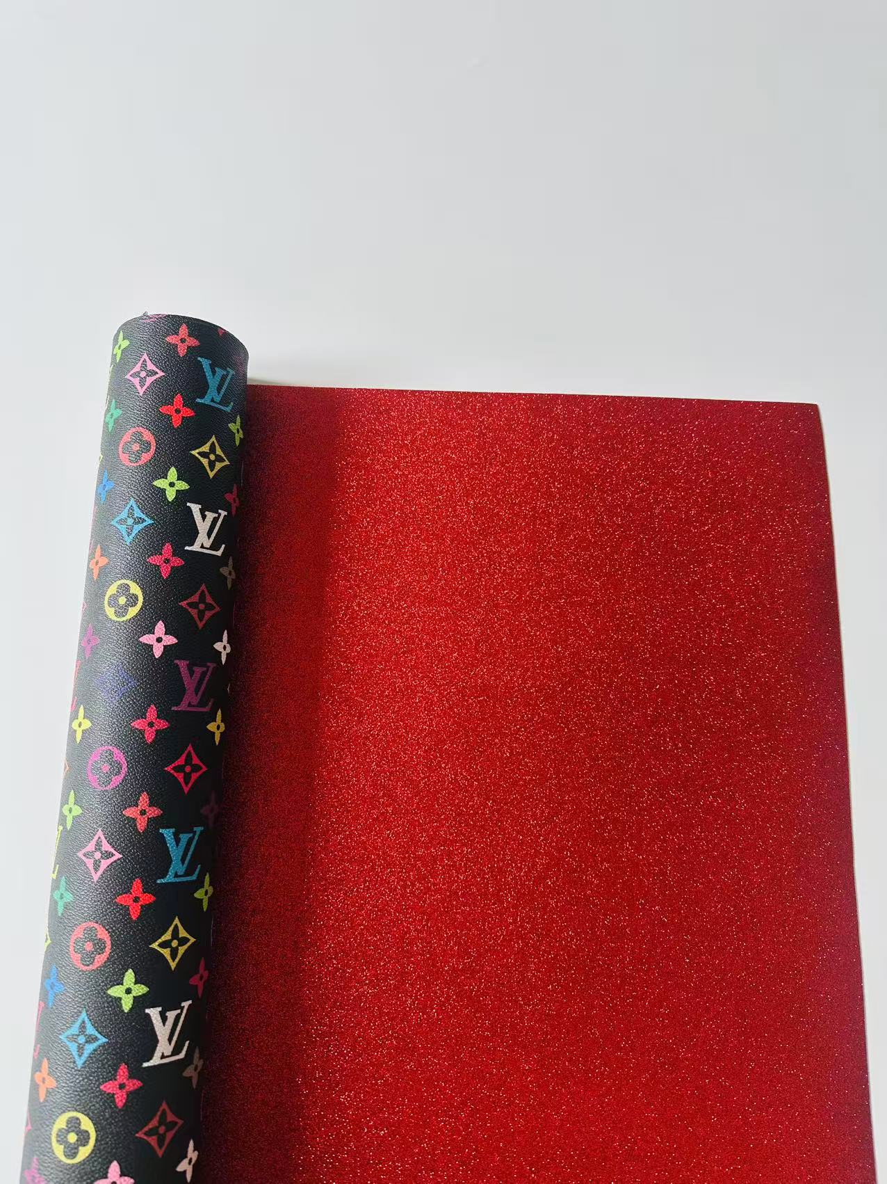 Fashion Black Colorful LV Red Glitter Background Leather For DIY Handicraft Goods