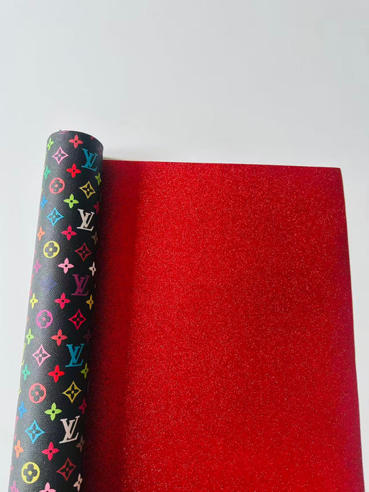 Fashion Black Colorful LV Red Glitter Background Leather For DIY Handicraft Goods