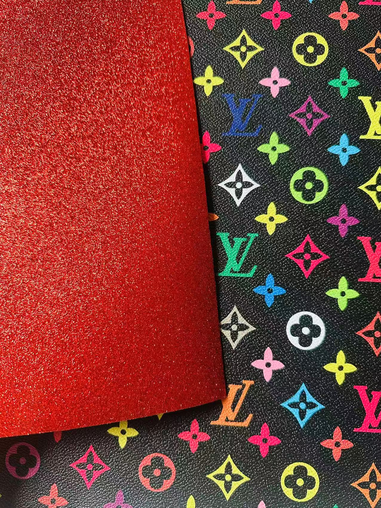 Fashion Black Colorful LV Red Glitter Background Leather For DIY Handicraft Goods