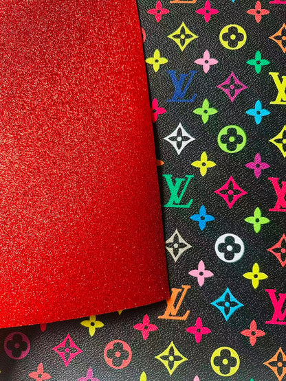 Fashion Black Colorful LV Red Glitter Background Leather For DIY Handicraft Goods