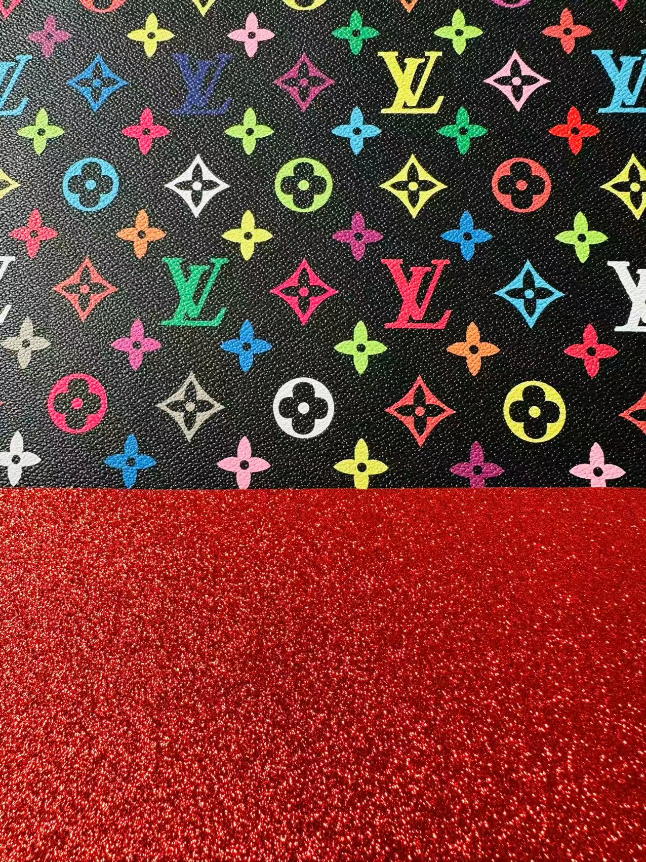Fashion Black Colorful LV Red Glitter Background Leather For DIY Handicraft Goods