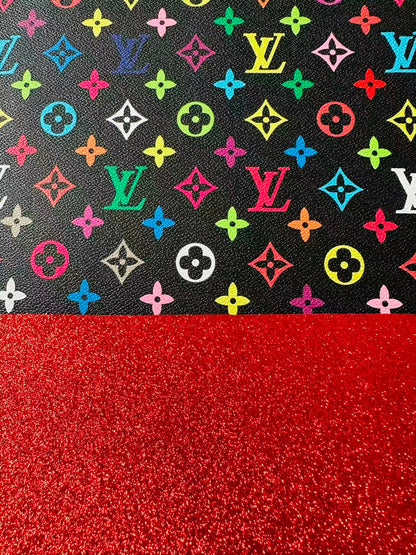 Fashion Black Colorful LV Red Glitter Background Leather For DIY Handicraft Goods