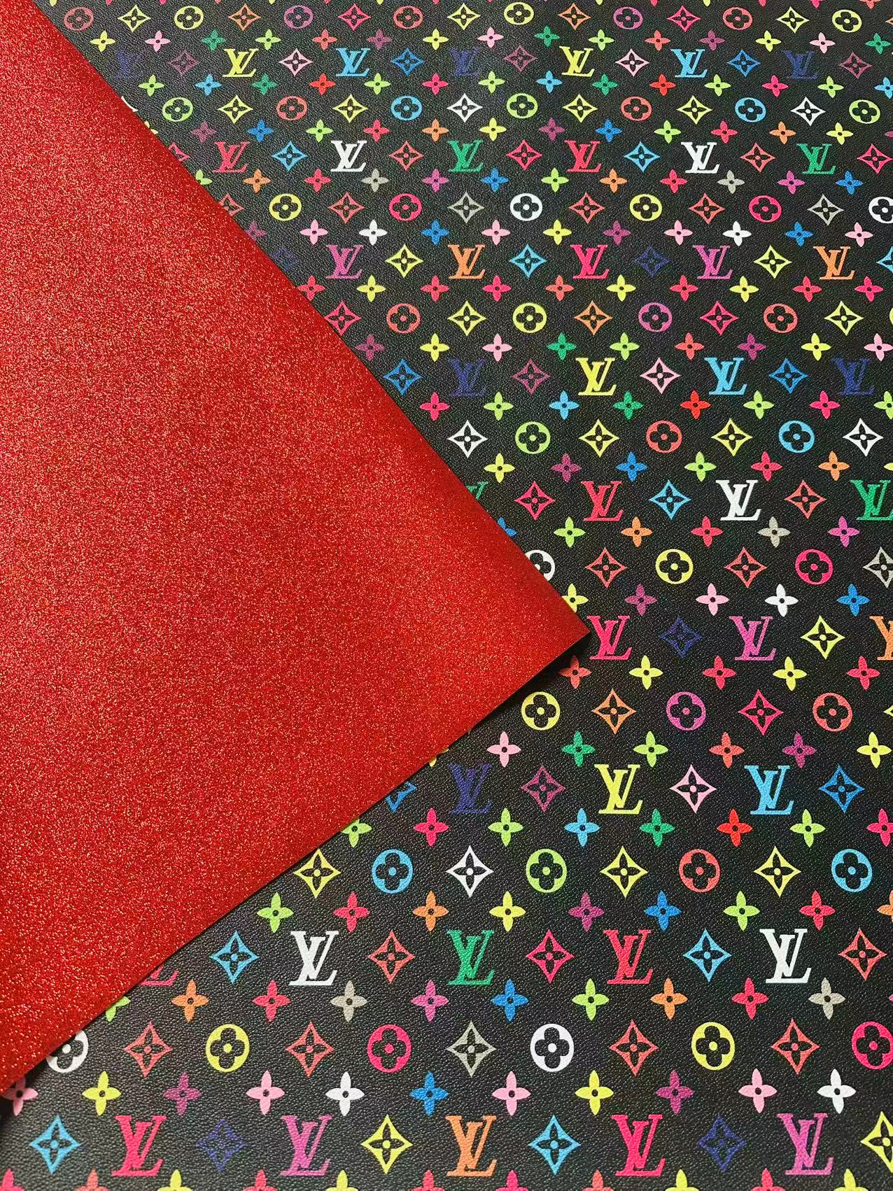 Fashion Black Colorful LV Red Glitter Background Leather For DIY Handicraft Goods