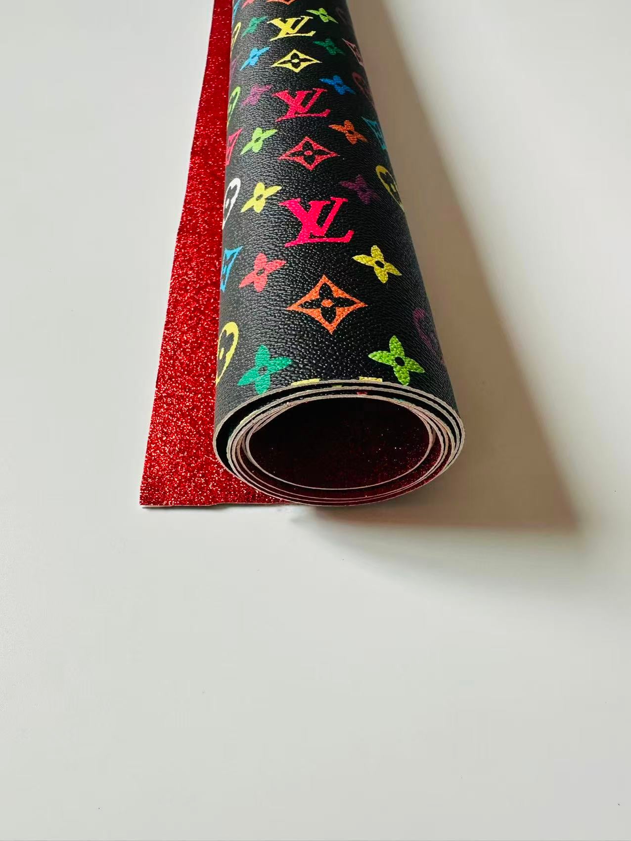 Fashion Black Colorful LV Red Glitter Background Leather For DIY Handicraft Goods