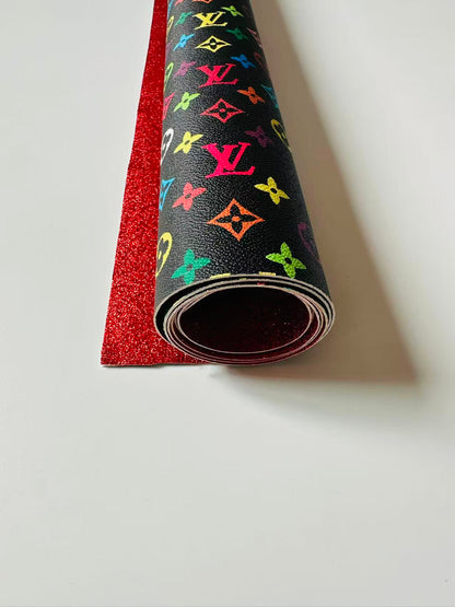 Fashion Black Colorful LV Red Glitter Background Leather For DIY Handicraft Goods