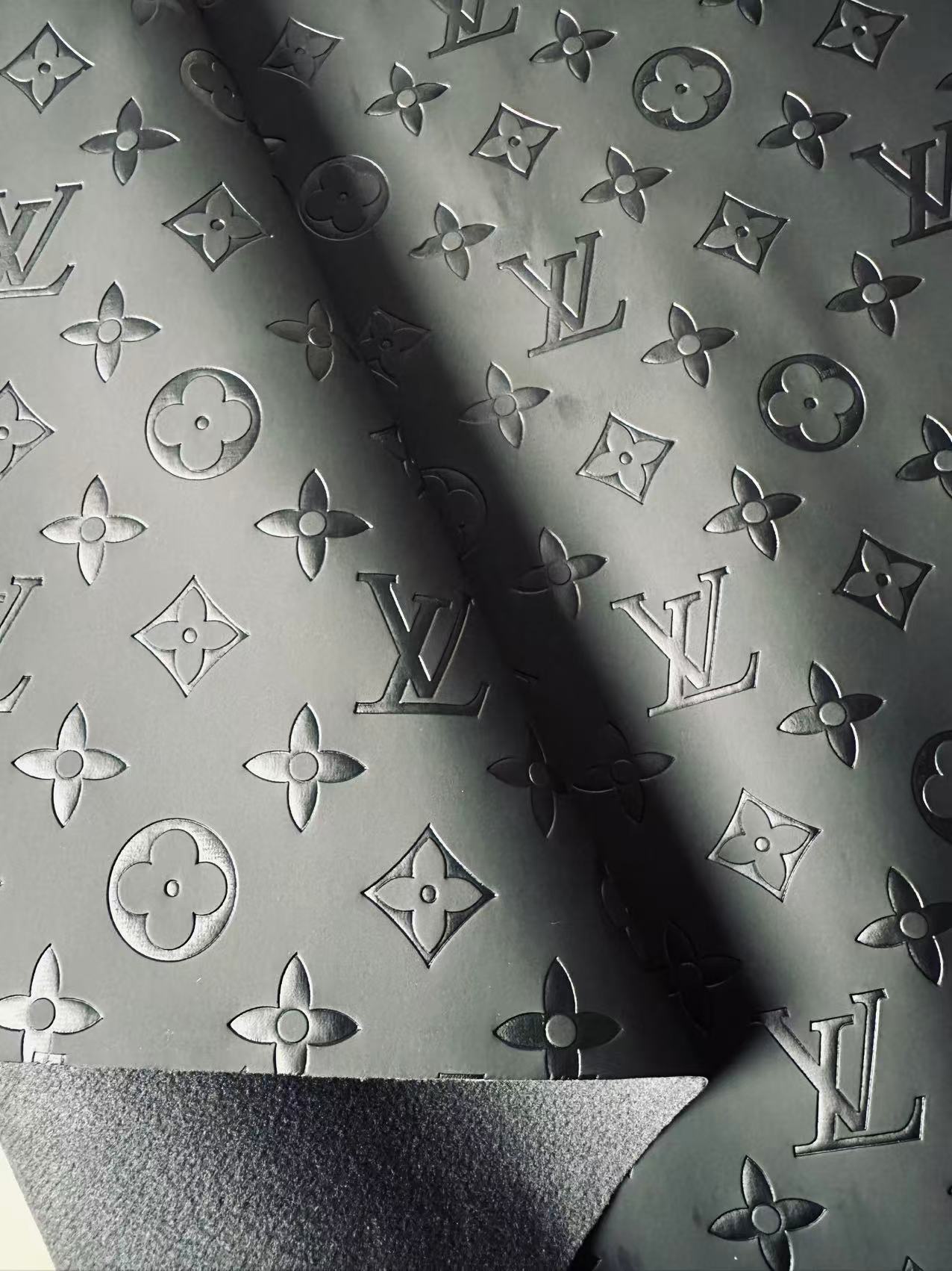 Fashion Smooth Design Black LV Embossed Leather Fabric For Handmade Sneaker,Upholstery,Bag Goods By Yard