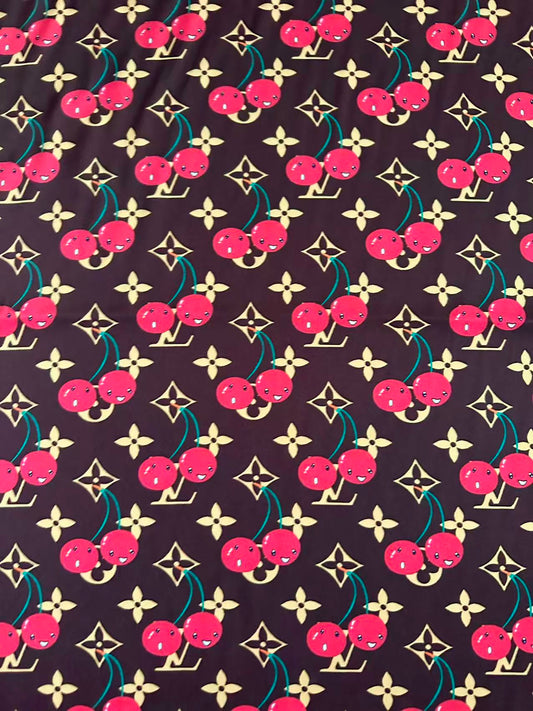 Craft Brown LV With Cherry Silk Printing Cloth Fabric For Handmade Handicraft Goods By Yard