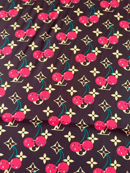 Craft Brown LV With Cherry Silk Printing Cloth Fabric For Handmade Handicraft Goods By Yard