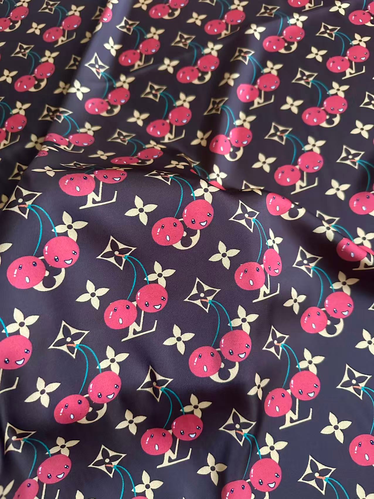 Craft Brown LV With Cherry Silk Printing Cloth Fabric For Handmade Handicraft Goods By Yard