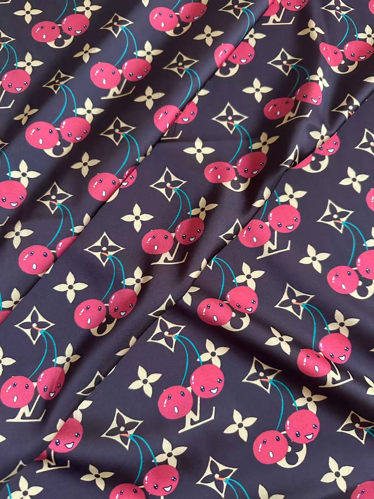 Craft Brown LV With Cherry Silk Printing Cloth Fabric For Handmade Handicraft Goods By Yard
