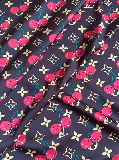 Craft Brown LV With Cherry Silk Printing Cloth Fabric For Handmade Handicraft Goods By Yard