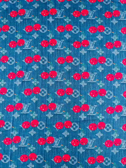 Craft Denim Design LV With Cherry Silk Printing Cloth Fabric For Handmade Handicraft Goods By Yard
