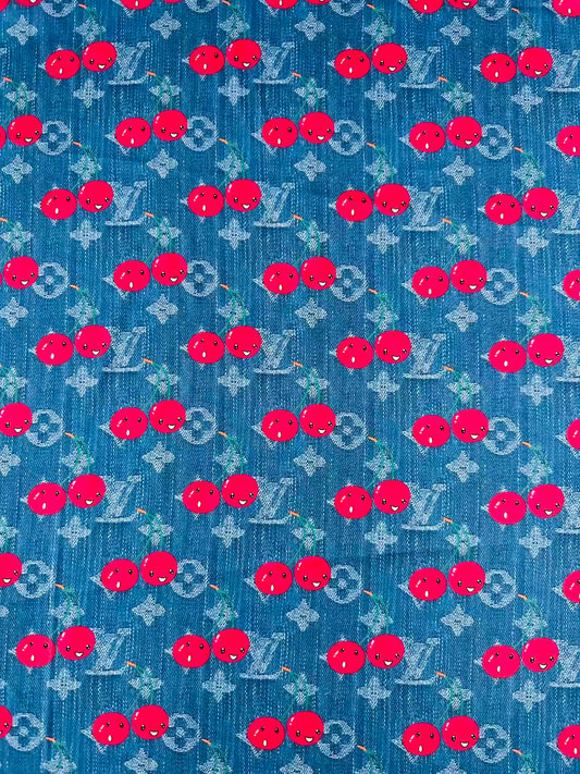 Craft Denim Design LV With Cherry Silk Printing Cloth Fabric For Handmade Handicraft Goods By Yard