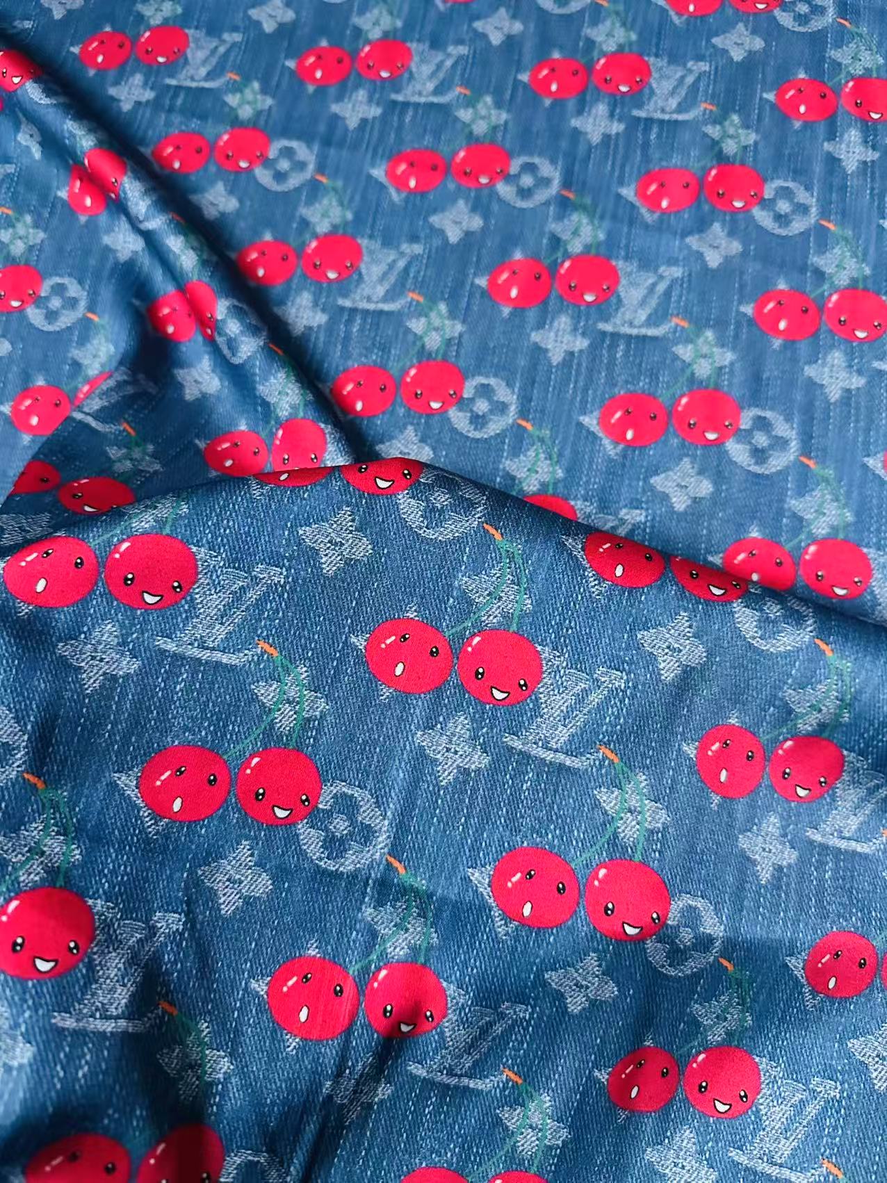 Craft Denim Design LV With Cherry Silk Printing Cloth Fabric For Handmade Handicraft Goods By Yard